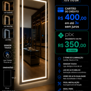 Espelho Lopazzi LED 3 Cores 70x170 cm com Sensor Touch – Corpo Inteiro Sem Moldura