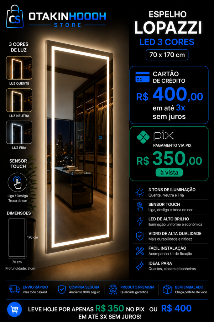 Espelho Lopazzi LED 3 Cores 70x170 cm com Sensor Touch – Corpo Inteiro Sem Moldura